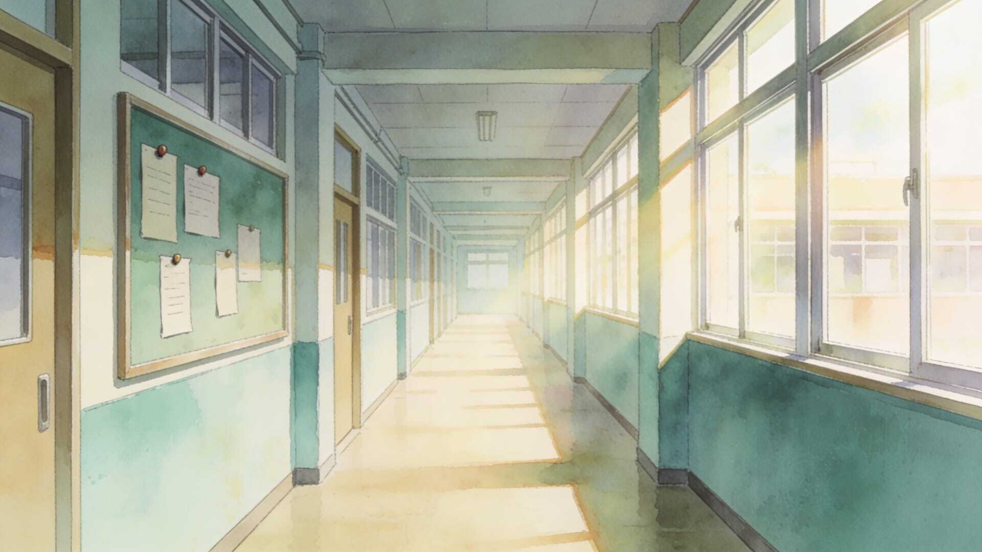 Sunlit school corridor with windows and a noticeboard