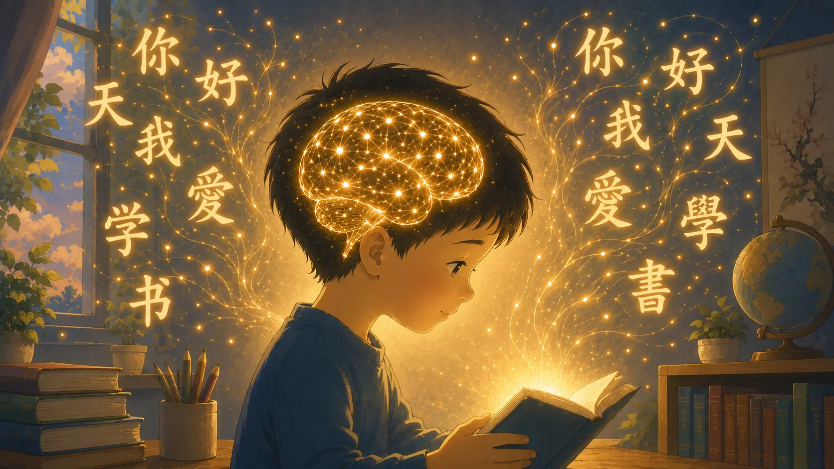 A child's brain lighting up with language pathways, symbolizing the critical period for language acquisition