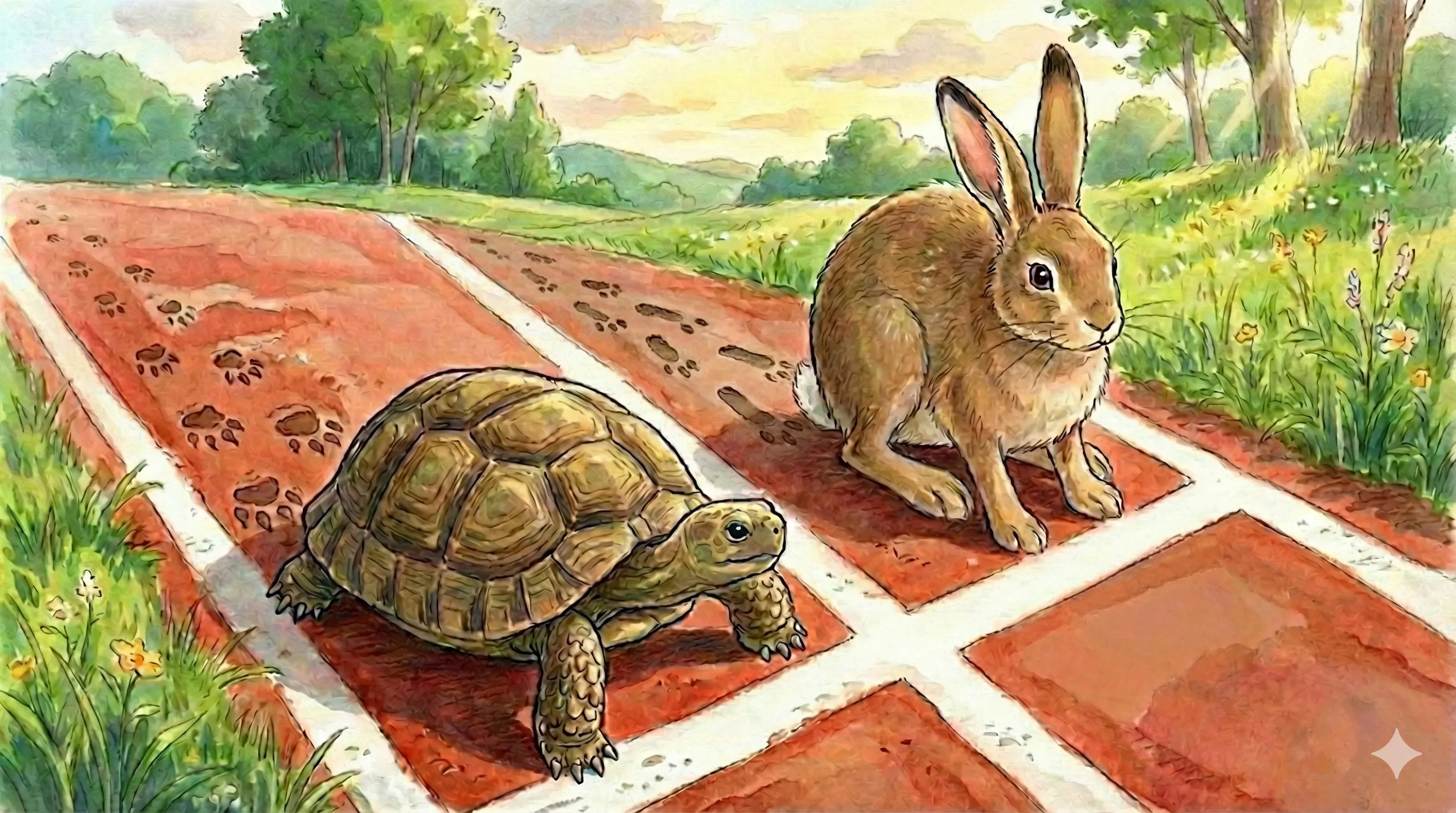 Illustration of the tortoise and the hare race, representing slow and steady learning versus rushed progress